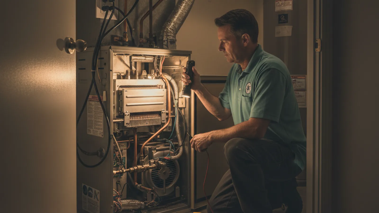 HVAC technician servicing a residential gas furnace at night during an emergency heating repair call in San Diego