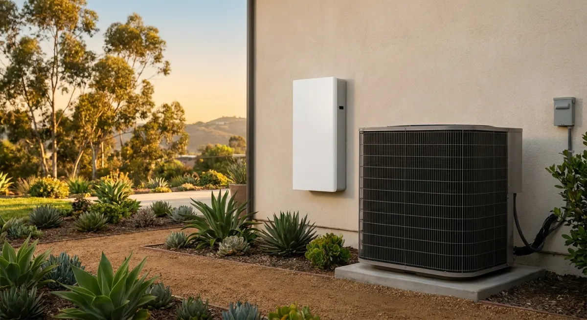 A wall-mounted home battery unit next to an outdoor AC condenser on a San Diego stucco home