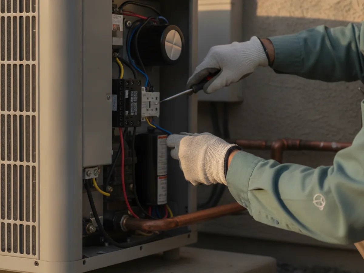 Electrician wiring a soft-start kit into an outdoor AC compressor electrical panel to prepare it for home battery backup