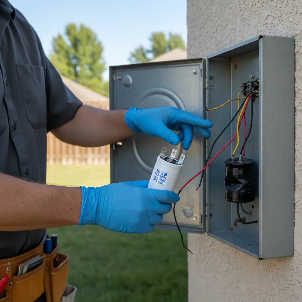 A technician holds an electrical component next to an open outdoor AC condenser in San Diego.