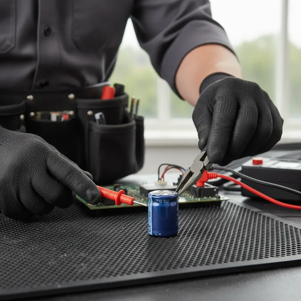A close-up of compressor electrical components inside an outdoor AC unit.