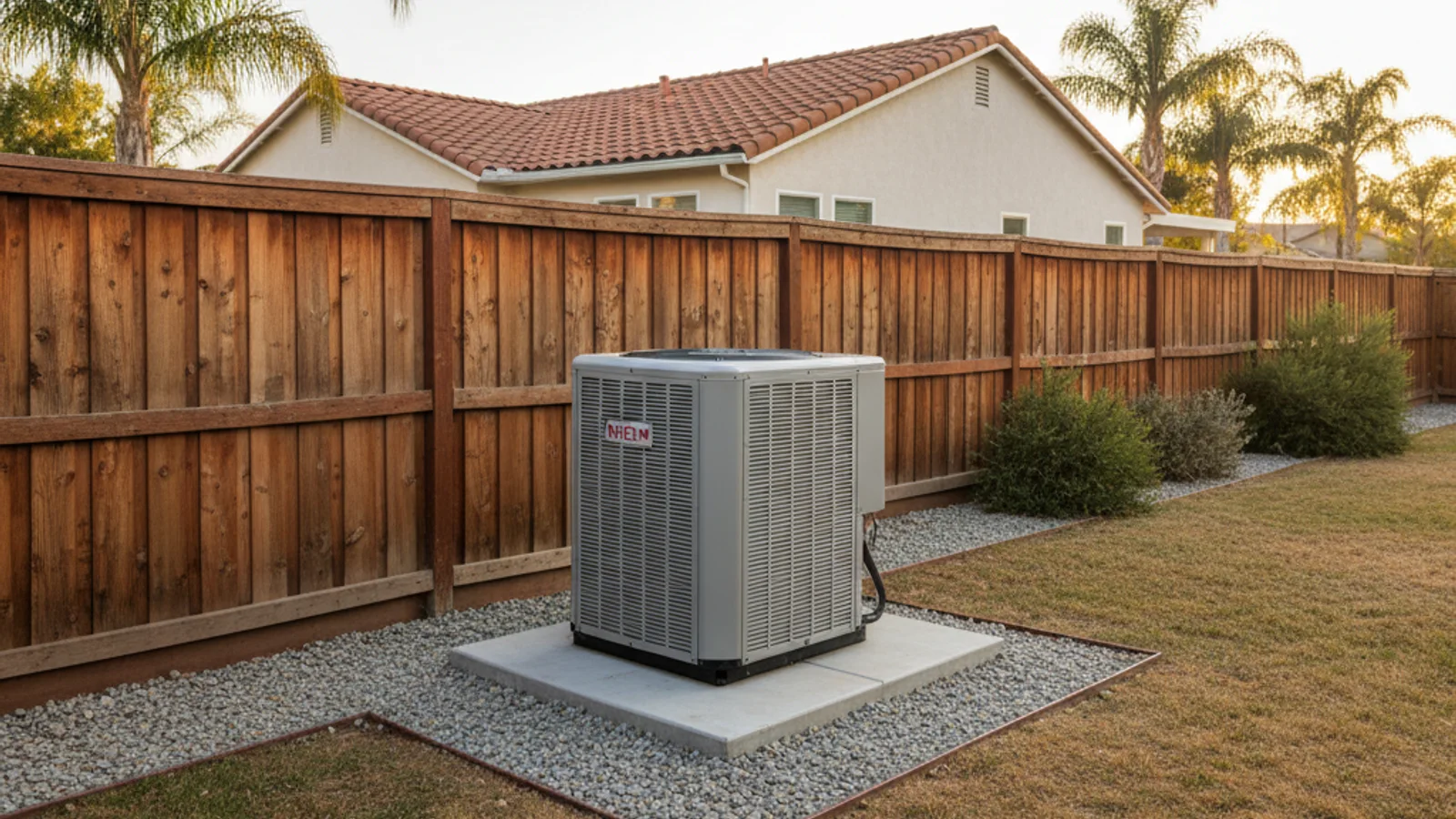 An outdoor AC condenser unit installed beside a San Diego home with proper clearance on a level pad