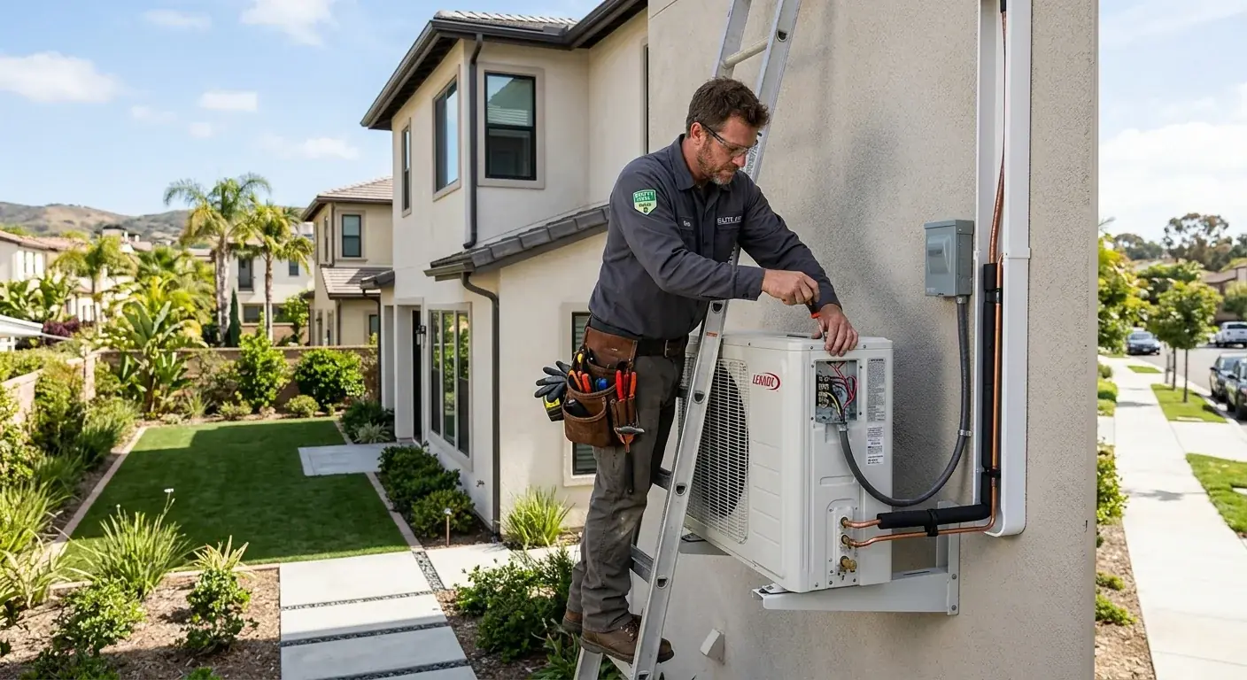 A new AC unit being installed on the side of a modern two-story home in an Eastlake, Chula Vista neighborhood.