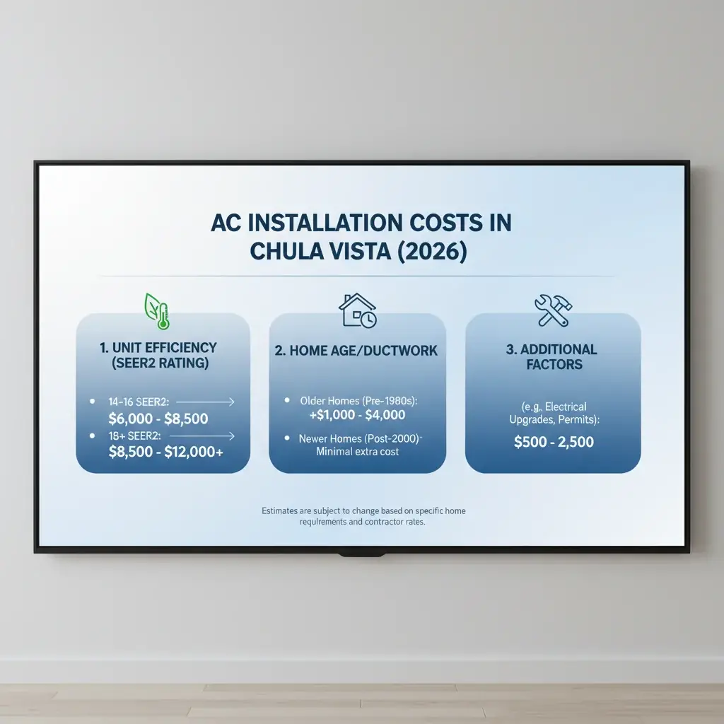 Infographic detailing the factors influencing AC installation costs in Chula Vista homes, including unit type, home age, and permitting.