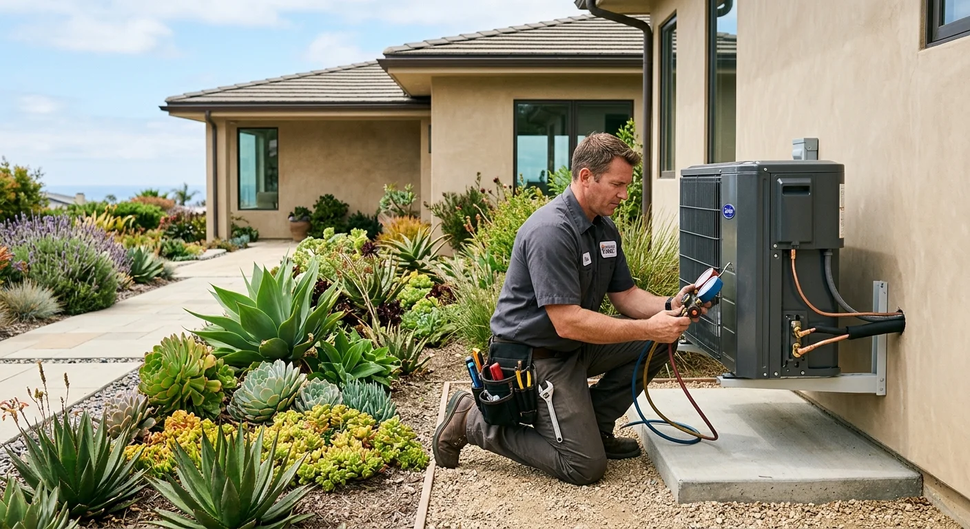New coastal-rated AC condenser installed at a Carlsbad home with the La Costa hills terrain and a partial ocean view in the background