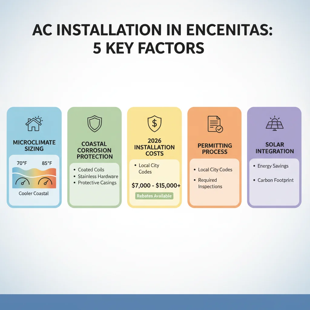 Infographic showing essential factors for AC installation in Encinitas: unique microclimates, coastal corrosion protection, and solar readiness.