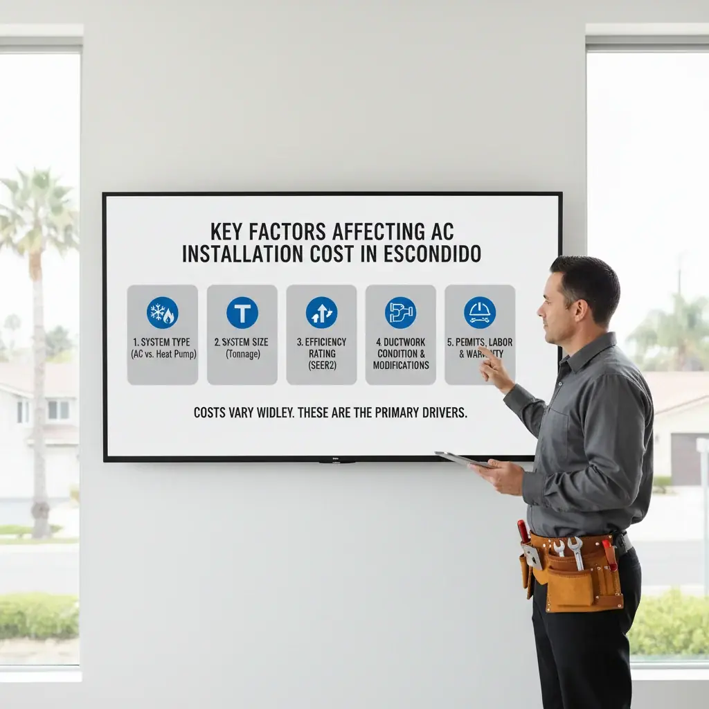 Infographic showing key cost factors for AC installation in Escondido, including system type (AC vs. heat pump), size (tonnage), efficiency (SEER2), ductwork, and labor.