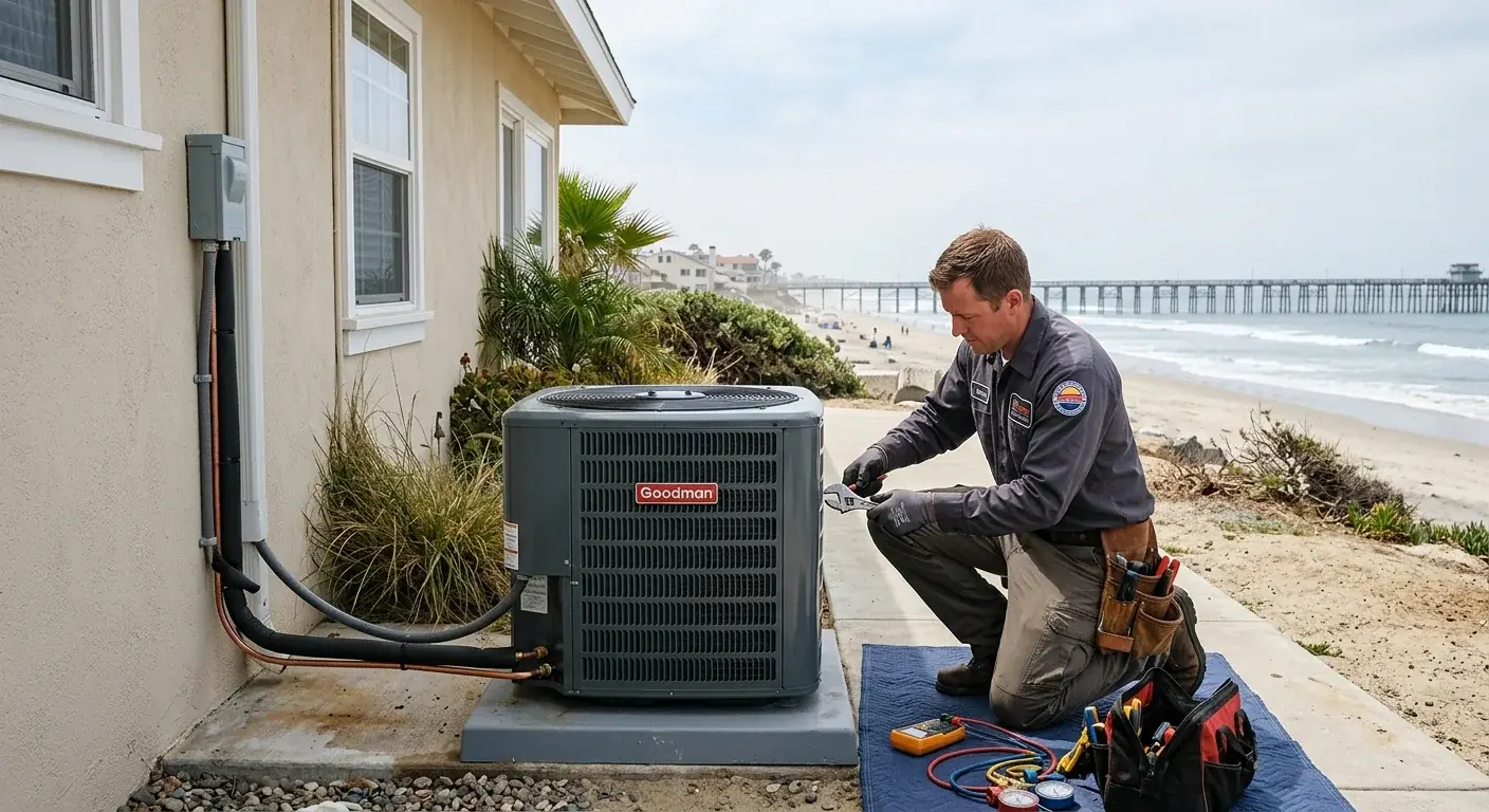 A newly installed AC condenser unit next to a single-story Oceanside home, with the Oceanside Pier visible in the soft background haze.