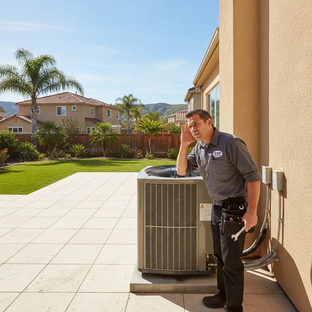 Homeowner inspecting an outdoor AC condenser that is making a banging noise in a San Diego backyard