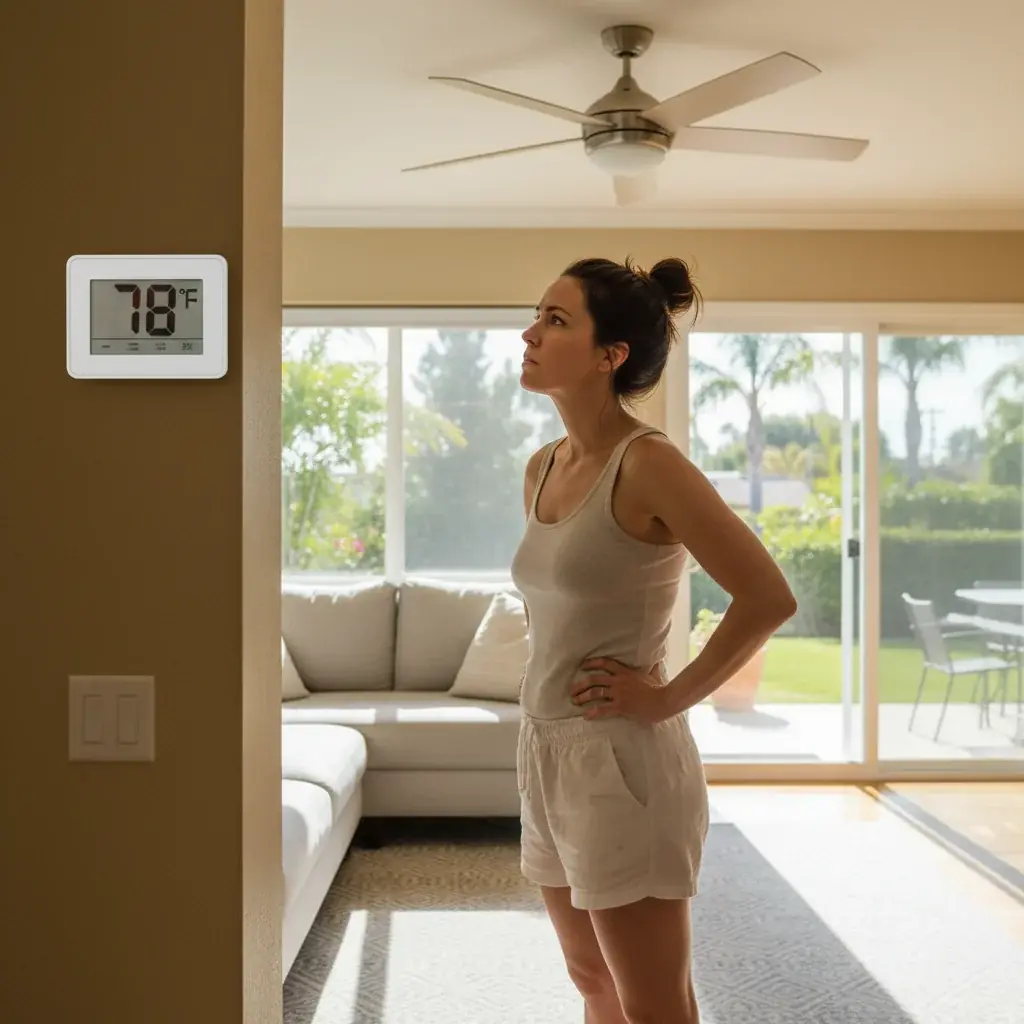 Homeowner checking thermostat set to 72 while room temperature reads 78 degrees