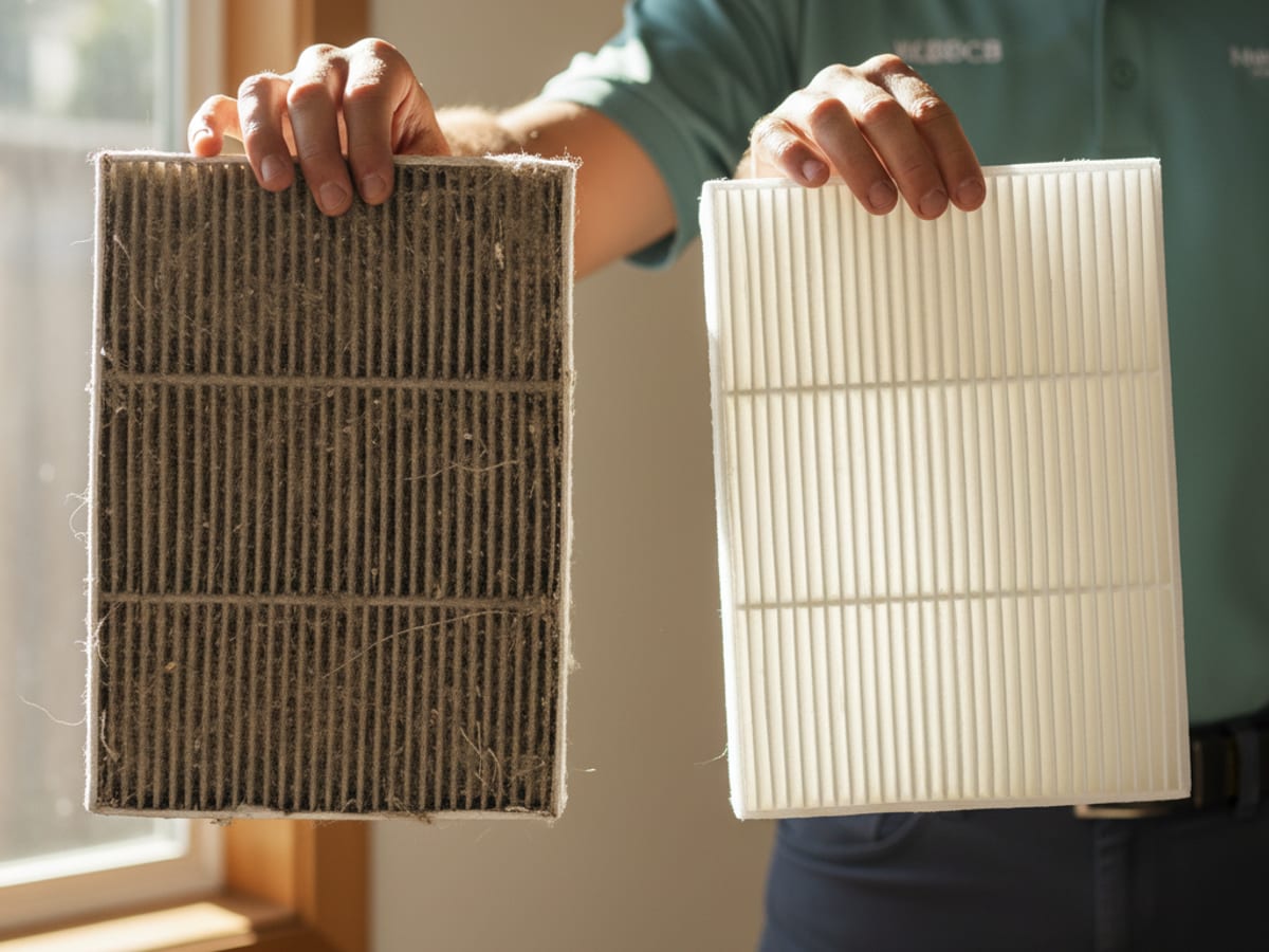 Side-by-side comparison of a dirty gray HVAC air filter and a clean white pleated filter held up to window light