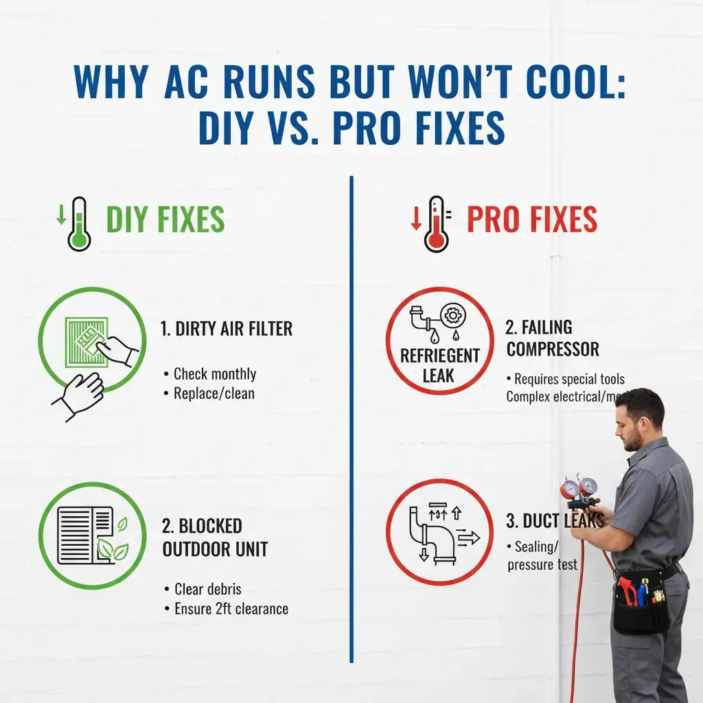 An infographic detailing common reasons an AC runs but doesn't cool, distinguishing between DIY fixes and problems requiring professional AC repair.