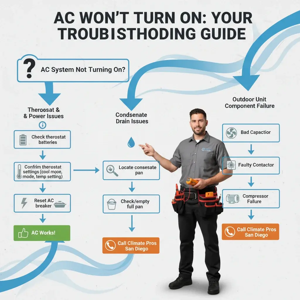 Flowchart detailing common reasons an AC won't turn on, from simple homeowner checks to professional diagnoses