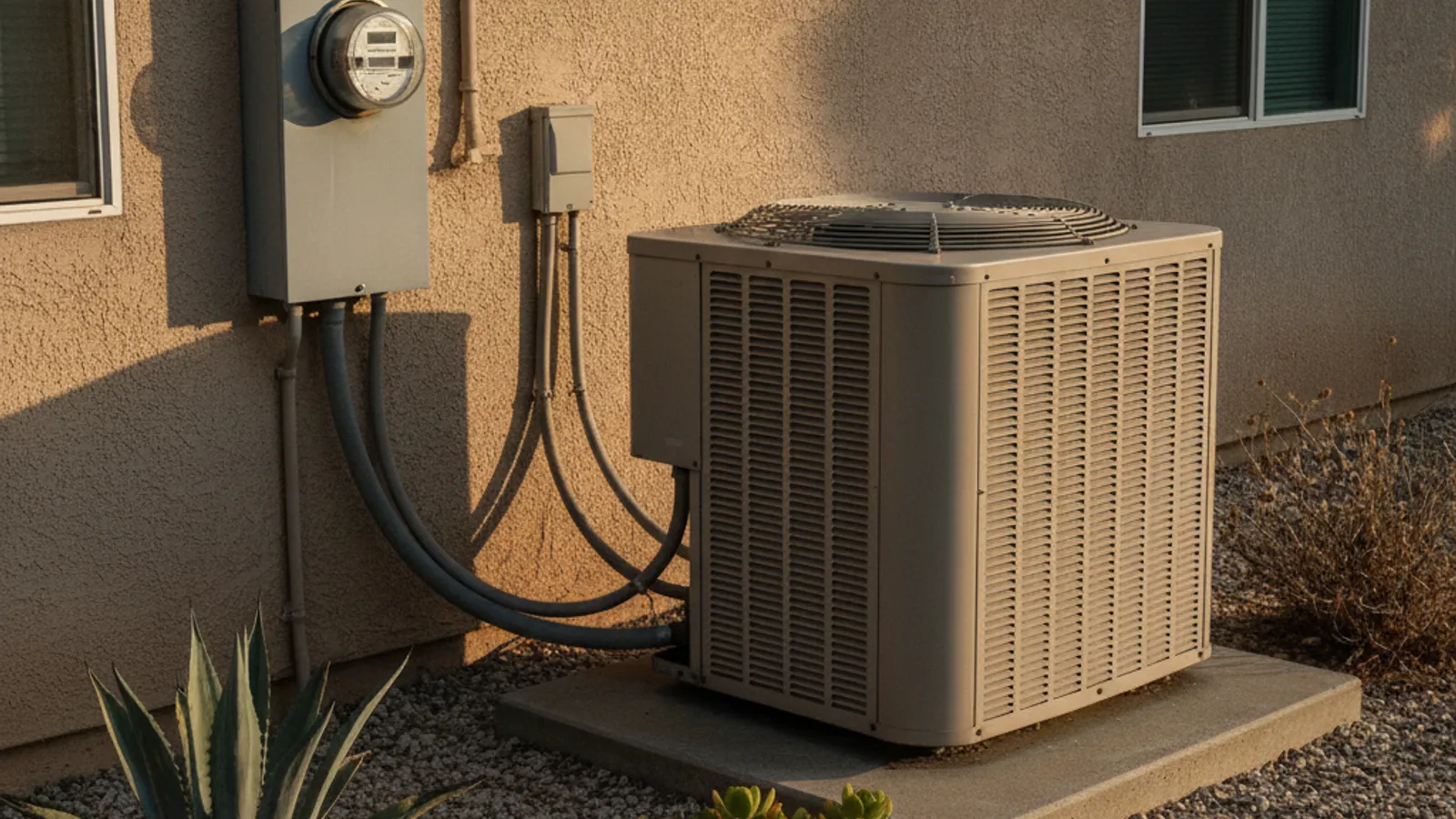 A San Diego home's outdoor AC condenser beside an electrical panel during a summer power outage