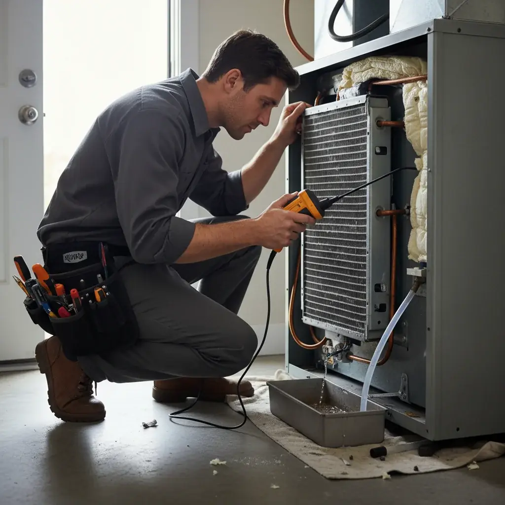 Technician checking the nameplate on a San Diego AC condenser to identify the refrigerant type.