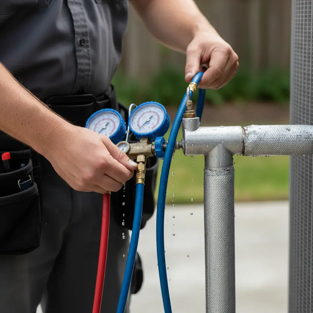 Refrigerant gauge set connected to an outdoor condensing unit during a charge check.