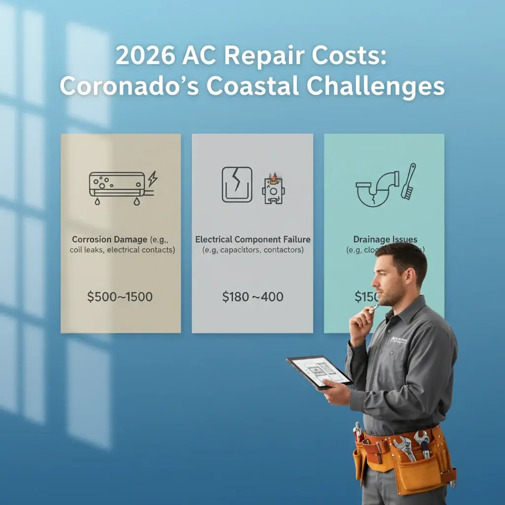 A visual breakdown of typical AC repair costs in Coronado for 2026, categorized by common issues like corrosion, electrical faults, and refrigerant leaks.