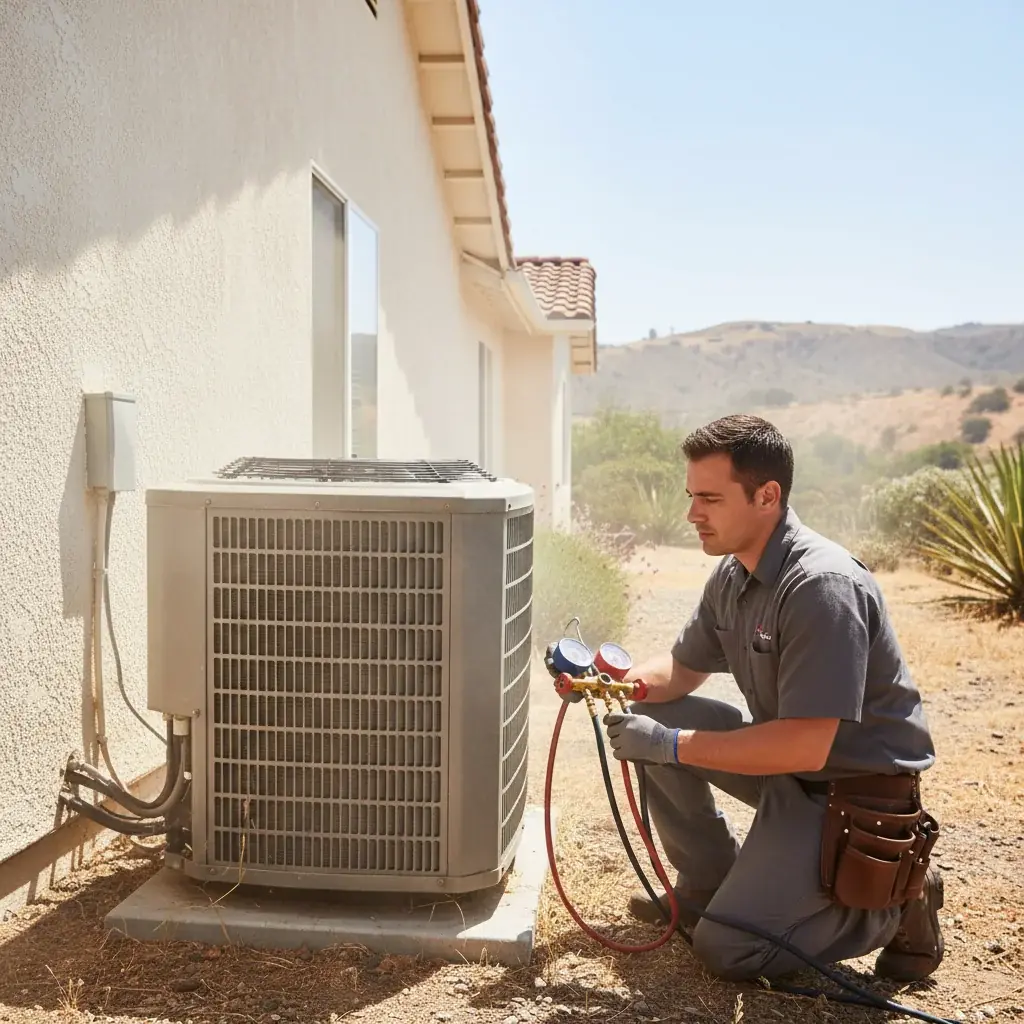 HVAC technician inspecting an outdoor condenser unit at a rural inland San Diego estate property during extreme summer heat