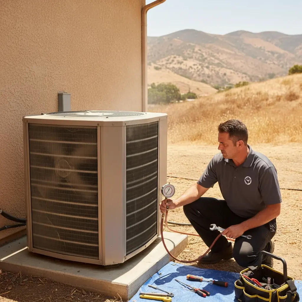 Rural Hidden Meadows property with a heat pump condenser on a pad next to a ranch-style home, oak trees and rolling hills in the background.