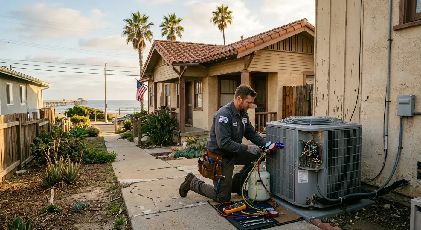 HVAC technician inspecting an outdoor AC condenser unit at a South Bay San Diego home on a hot summer afternoon