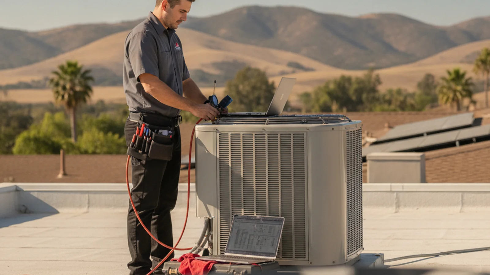 AC condenser unit outside a Lakeside California home in dry East County summer heat with dry hillside landscape in the background