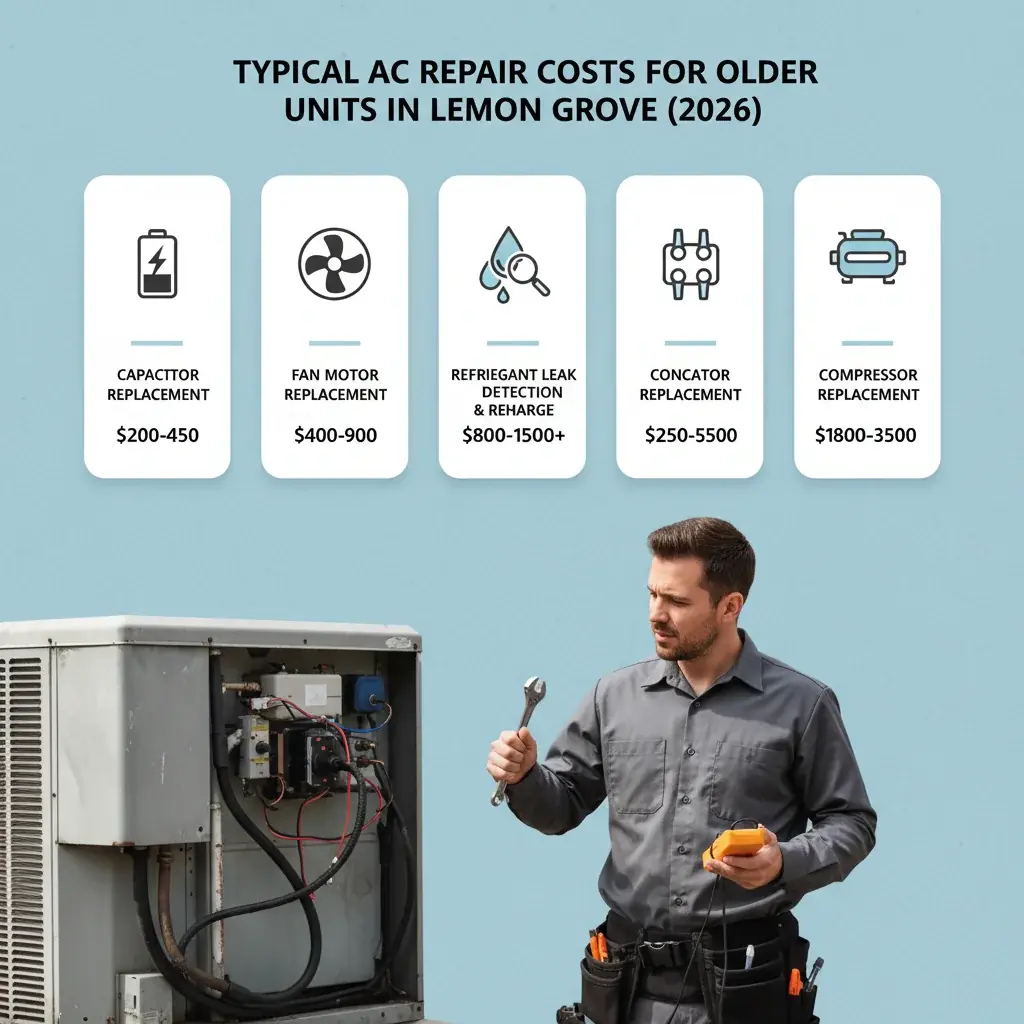 Infographic showing typical 2026 AC repair costs in Lemon Grove for common failures in older units, including capacitor, fan motor, refrigerant leak, and compressor replacement.
