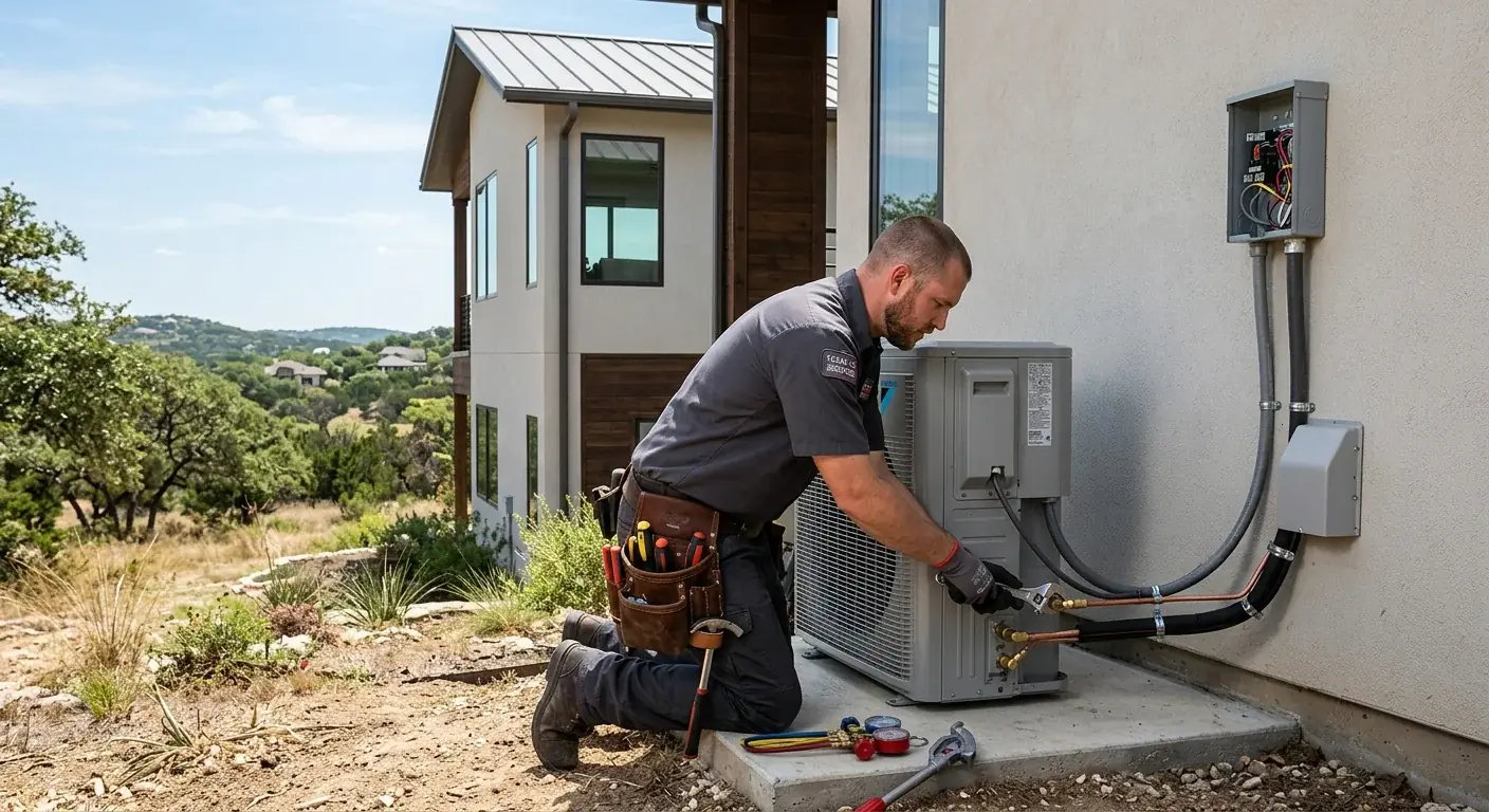 An AC unit outside a modern two-story home in San Marcos with rolling hills under a sunny sky.