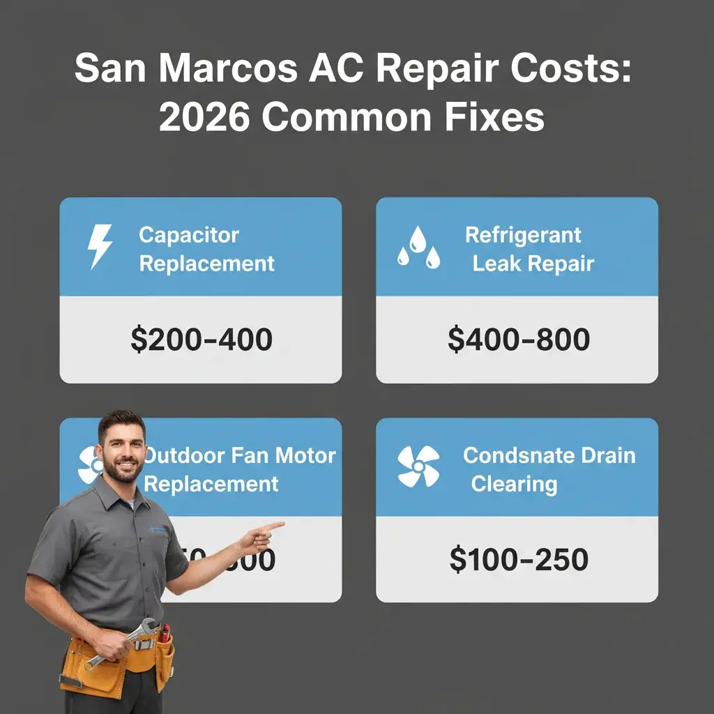 Infographic detailing typical AC repair costs for common AC failures in San Marcos, California for 2026, including capacitor, refrigerant leak, fan motor, and drain clearing.
