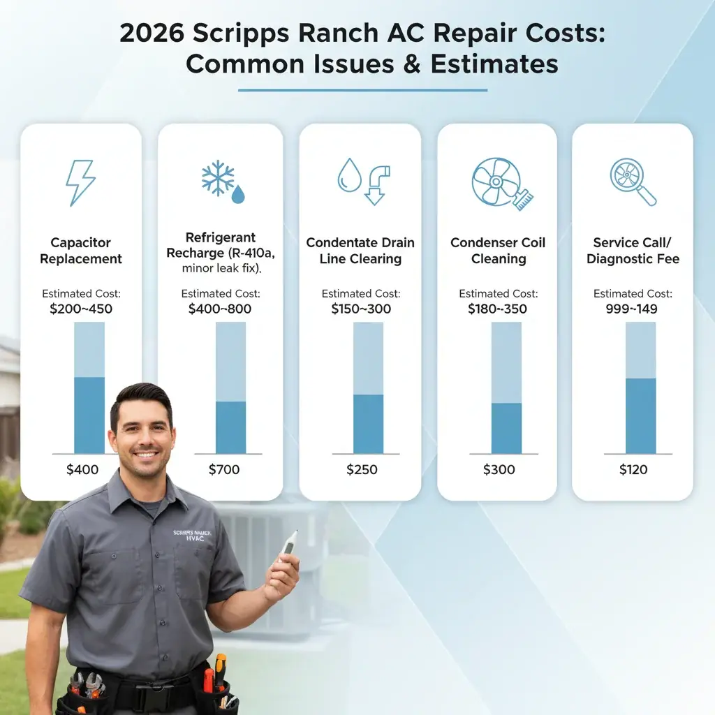 Infographic detailing typical 2026 AC repair costs in Scripps Ranch for common issues like capacitor replacement, refrigerant leaks, and clogged drain lines.