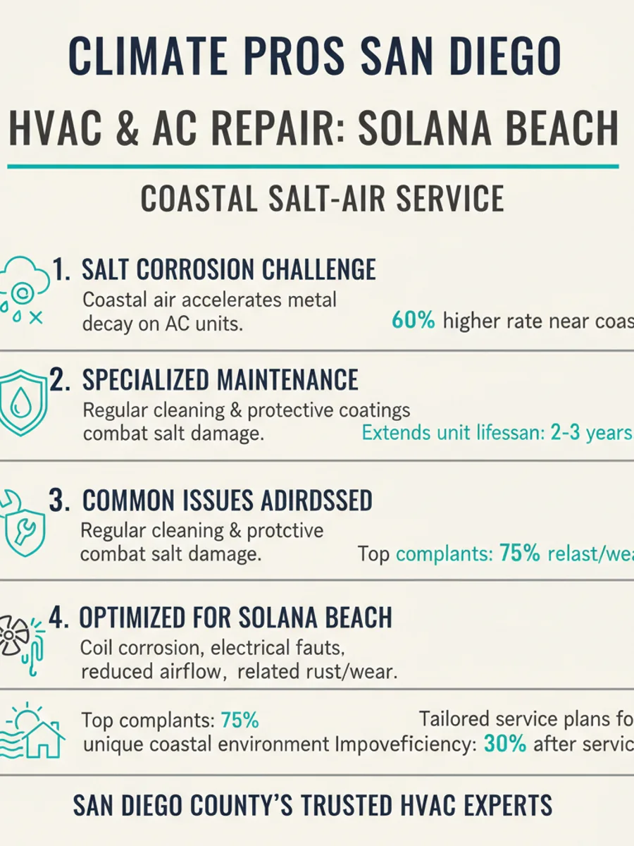 An HVAC technician inspecting a salt-corroded condenser coil on a coastal Solana Beach home, with visible coil pitting and rust on hardware