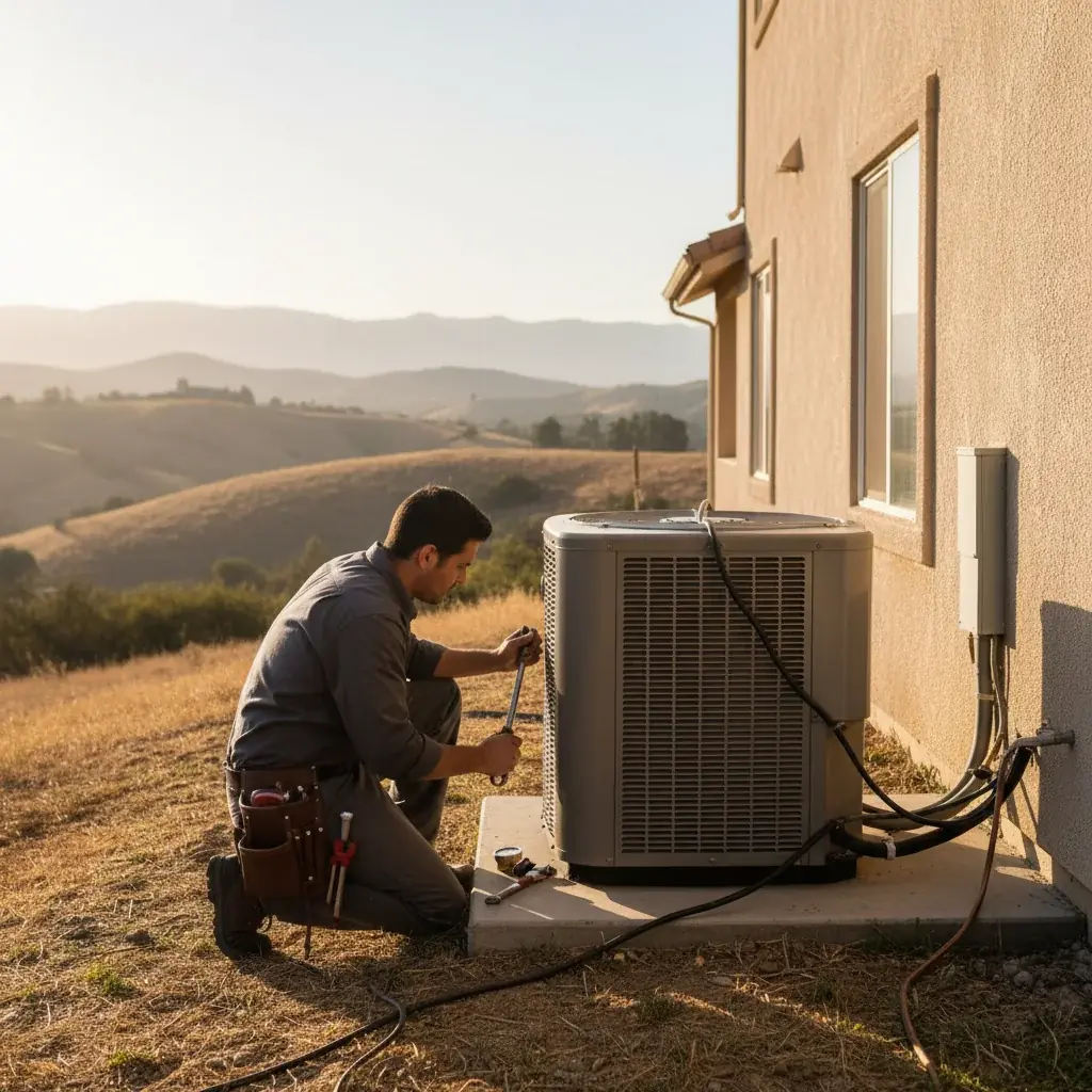 An outdoor air conditioner unit next to a stucco home in Vista, California, with dry hills in the background under a hot sun