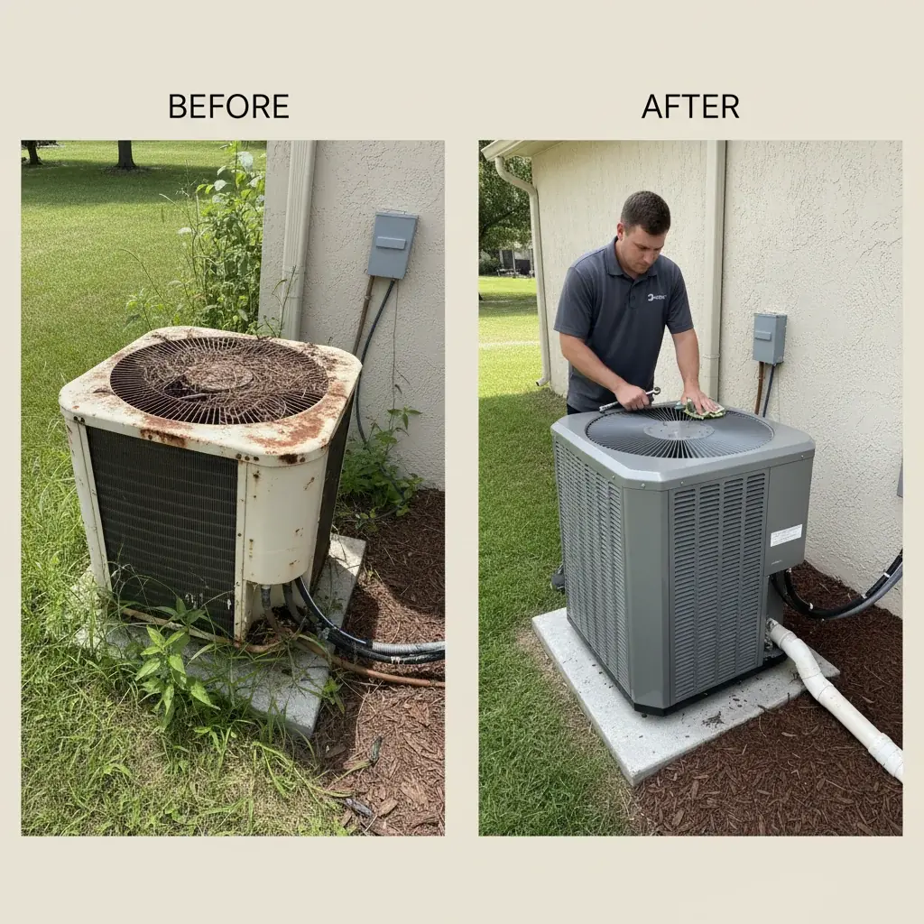 Older outdoor AC condenser unit beside a newer high-efficiency unit on a residential side yard