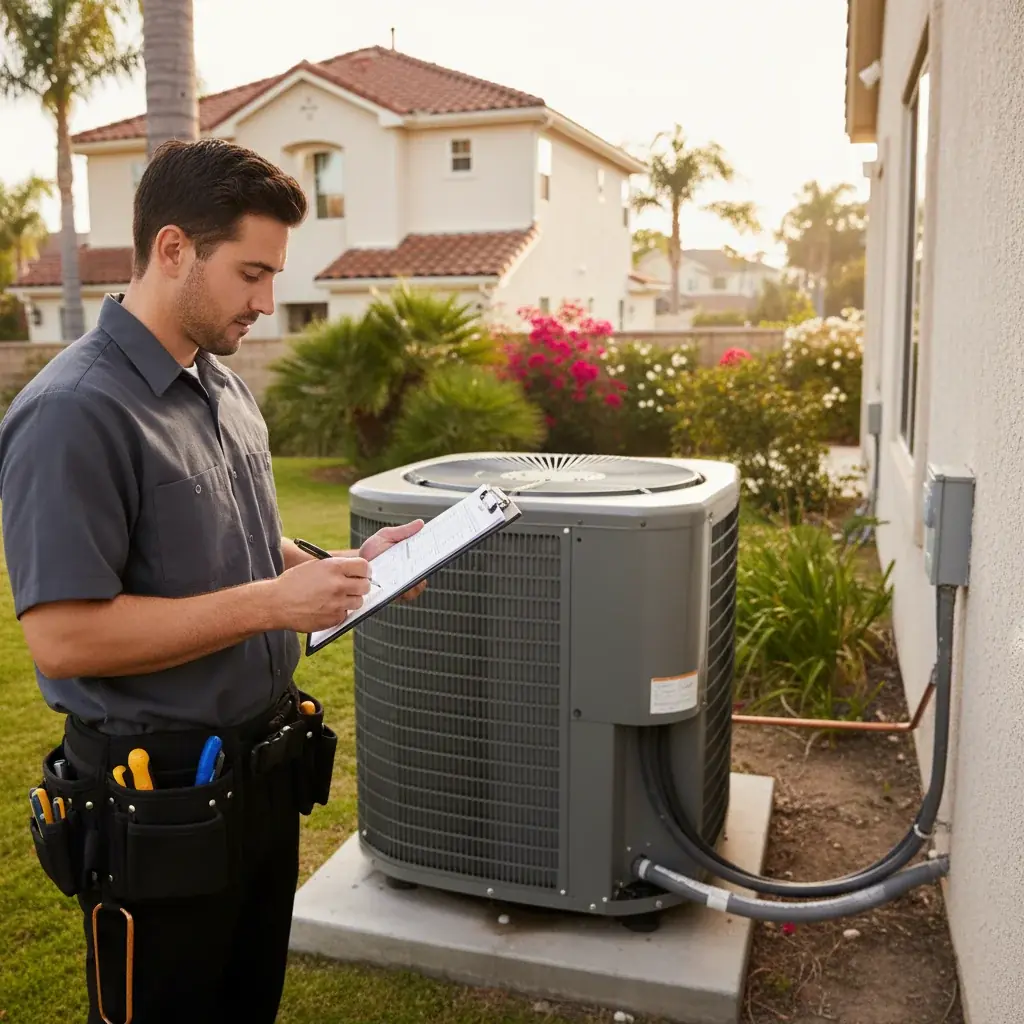 HVAC technician servicing an outdoor air conditioning condenser unit during a summer tune-up in San Diego