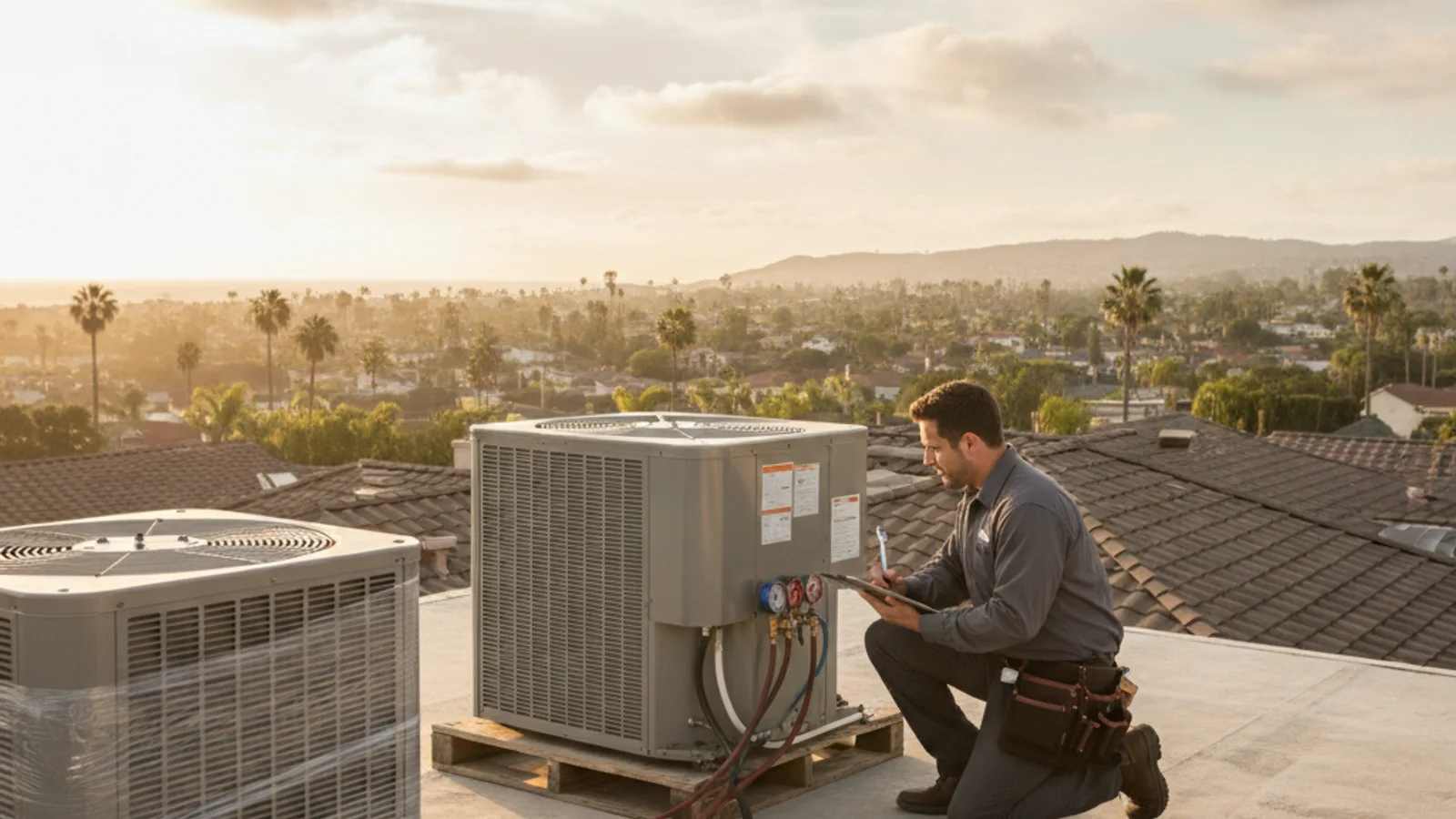 HVAC technician replacing an AC condenser unit on the side yard of a San Diego home