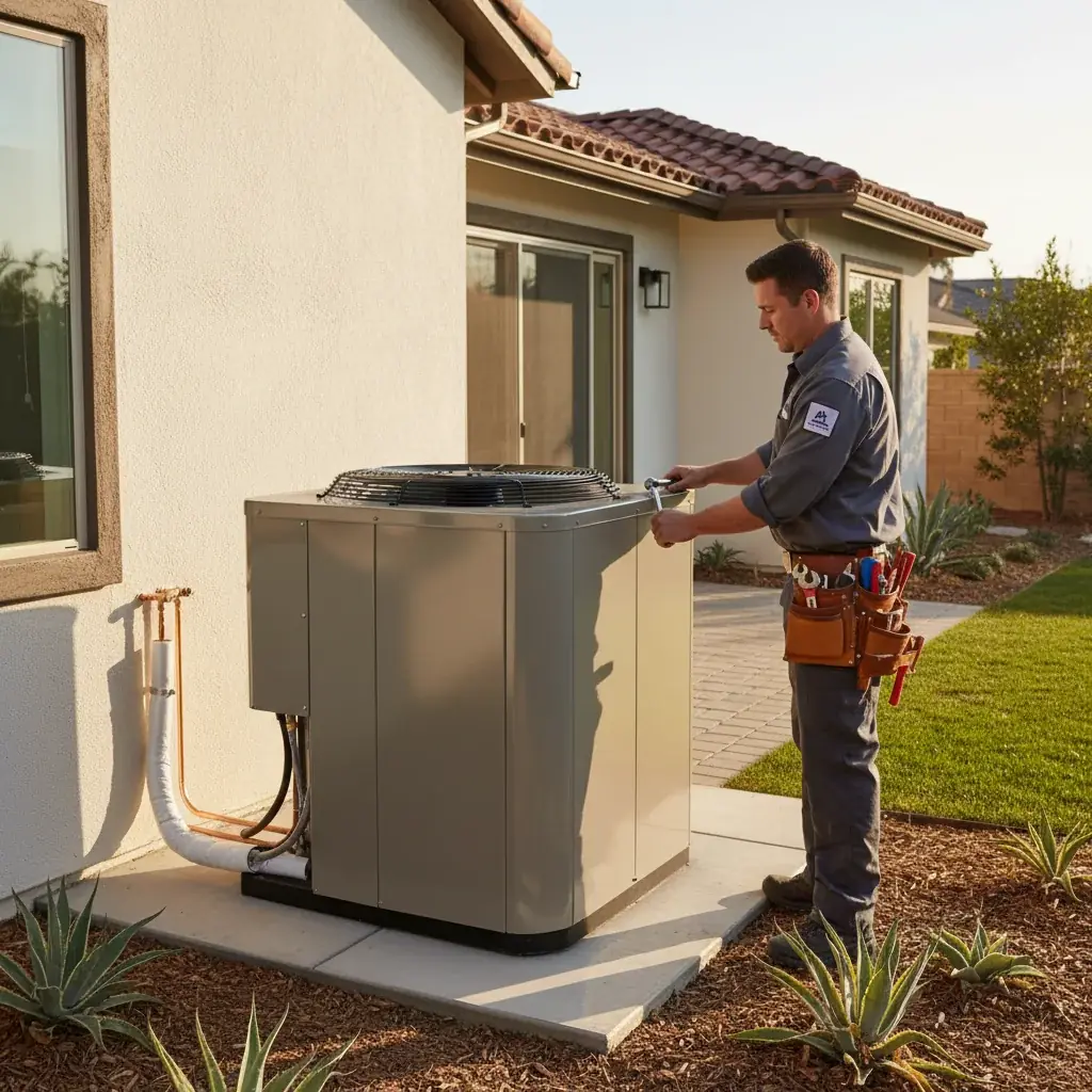 A new central air conditioner condenser installed on a concrete pad beside a 2,000 square foot San Diego home