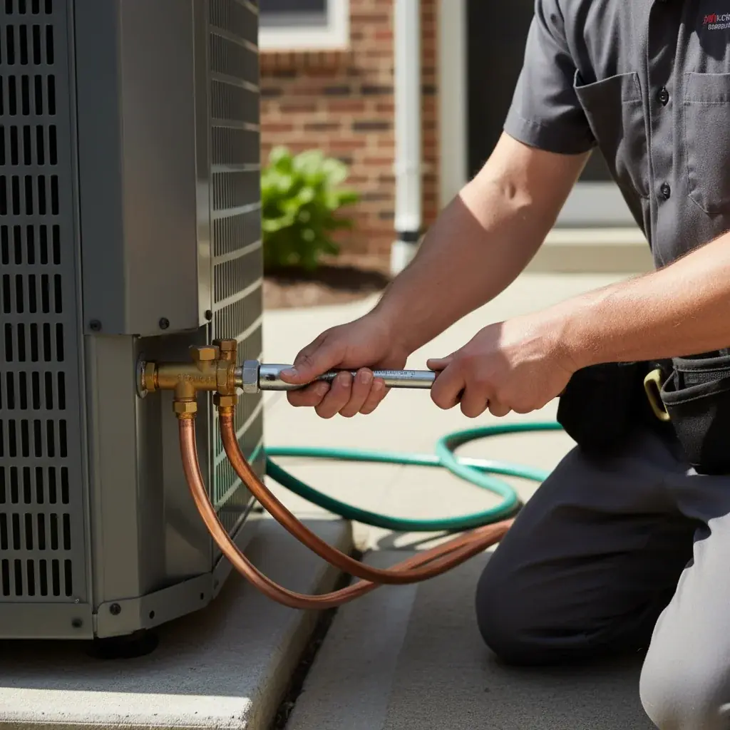 Technician checking refrigerant lines on a newly installed AC condenser.