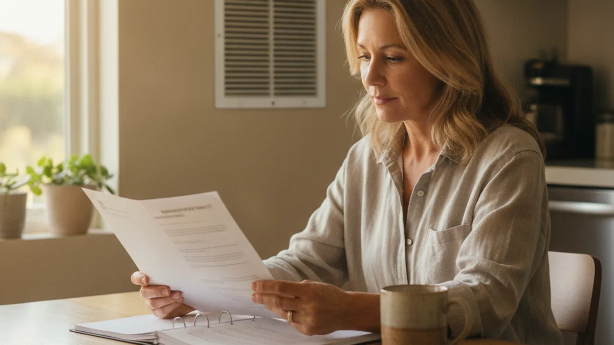 A San Diego homeowner reviewing a home warranty contract at a kitchen table next to an HVAC vent