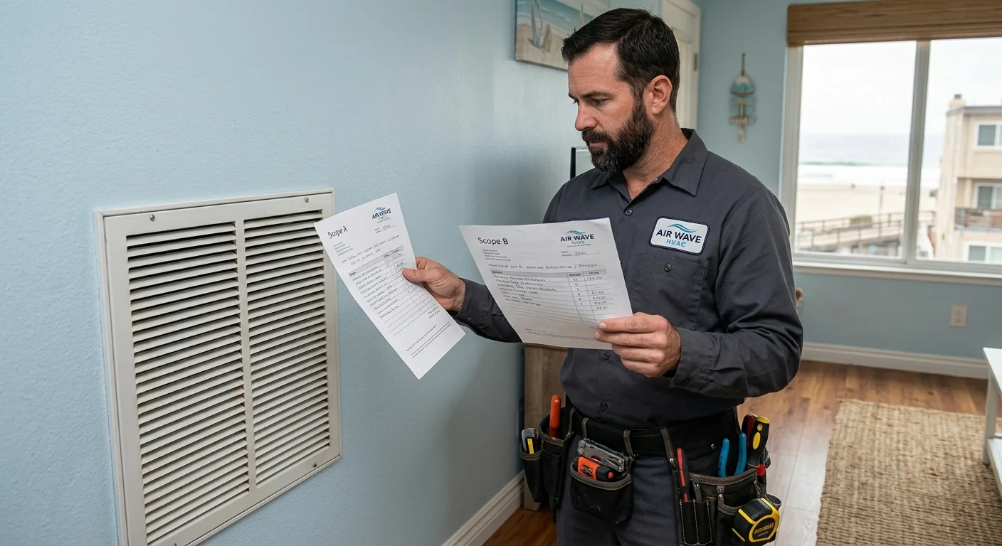 Pacific Beach homeowner comparing two written duct cleaning scopes by a register