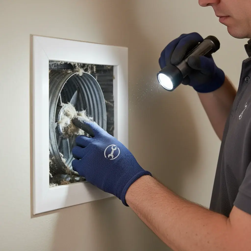 Technician inspecting a residential supply vent register with a flashlight, dust visible inside the duct