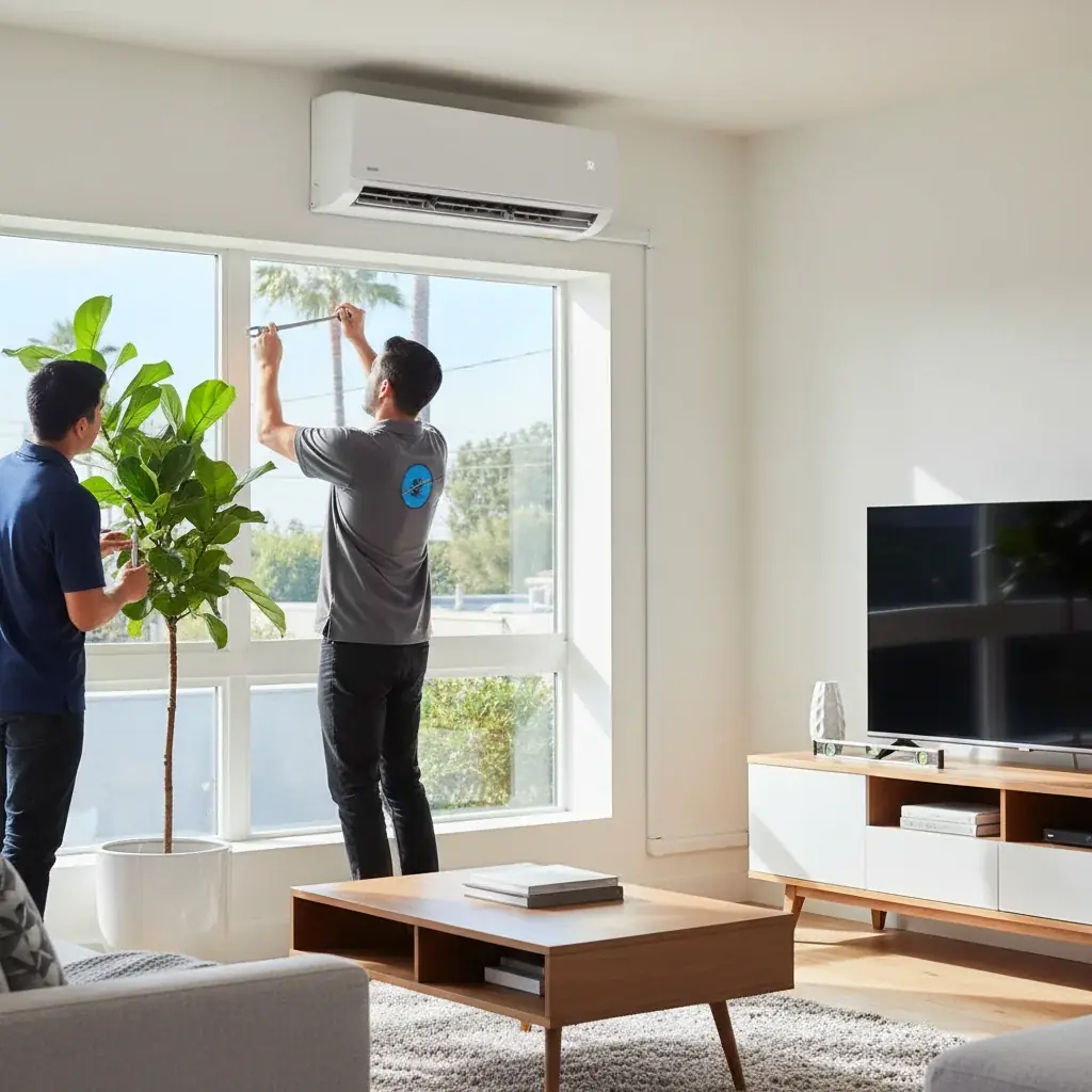 A ductless mini-split head mounted on the interior wall of a San Diego condo with a balcony view of the city.