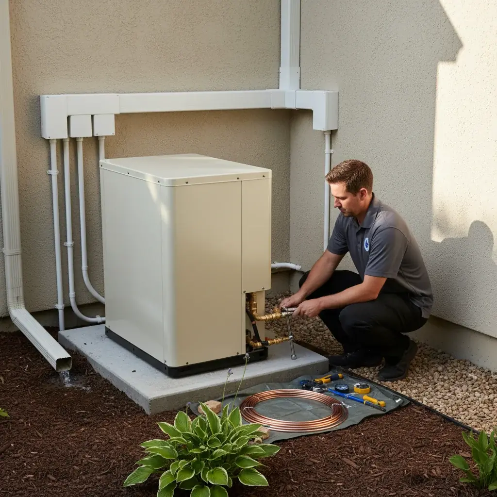 Outdoor mini-split condenser mounted on a side yard pad next to a detached ADU