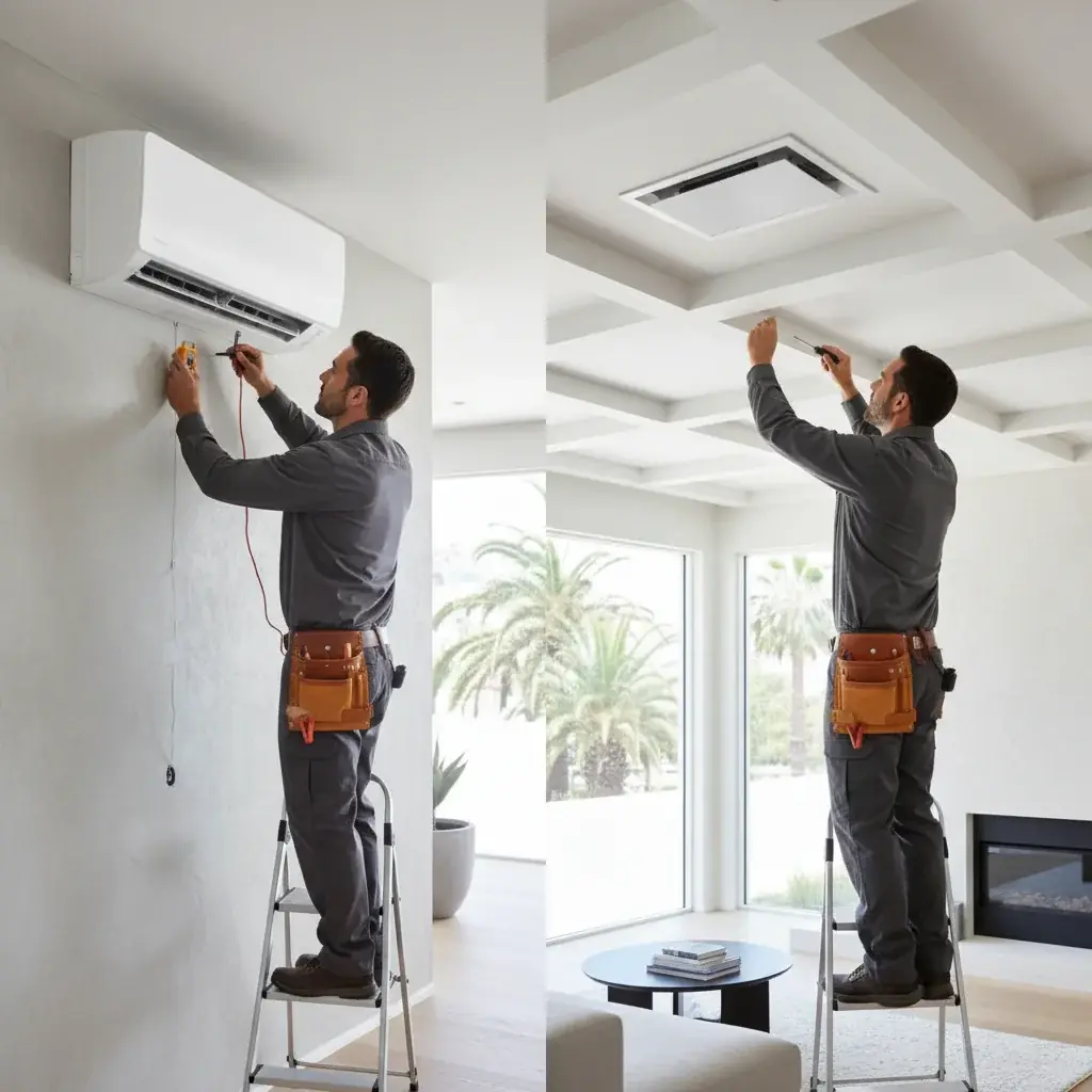 Two-story San Diego home with a central AC condenser and a separate mini-split condenser.