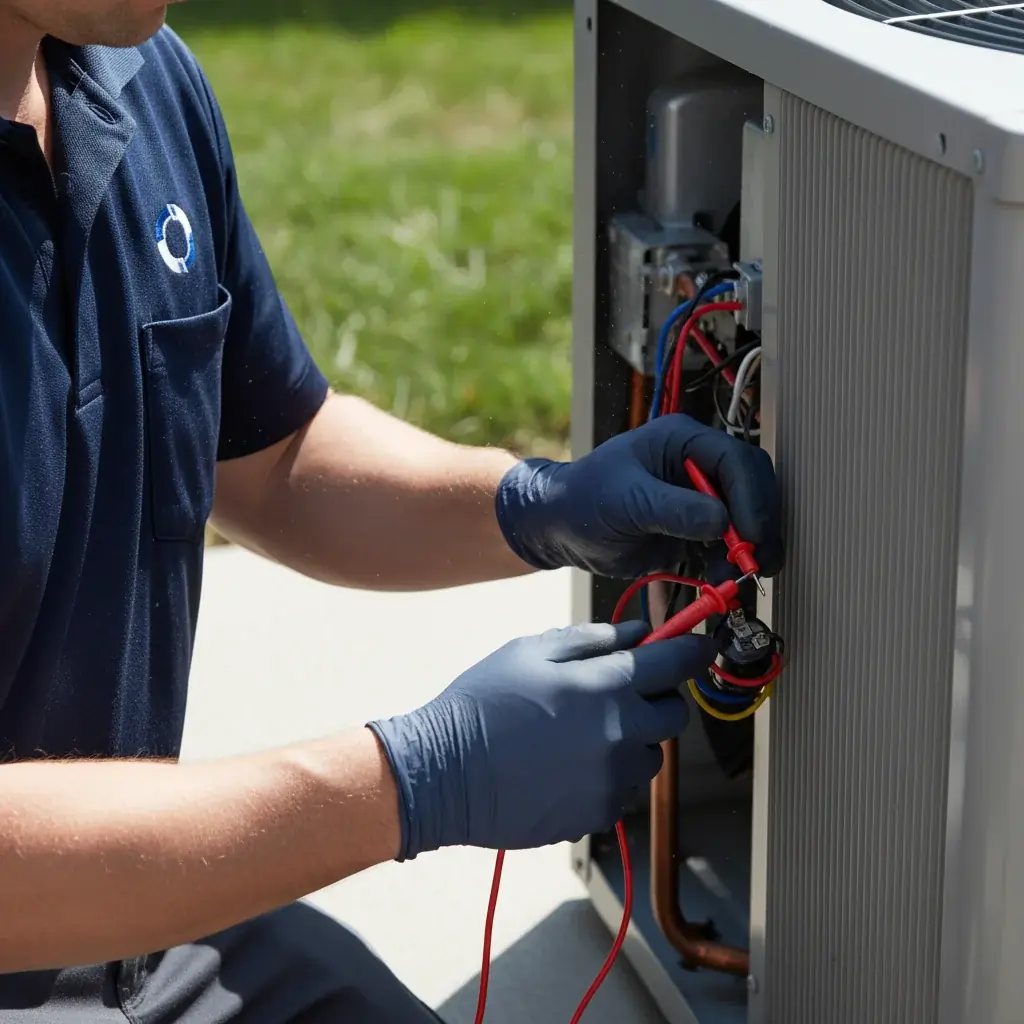 Close-up of a service tech's hands using a multimeter on an outdoor AC condenser unit
