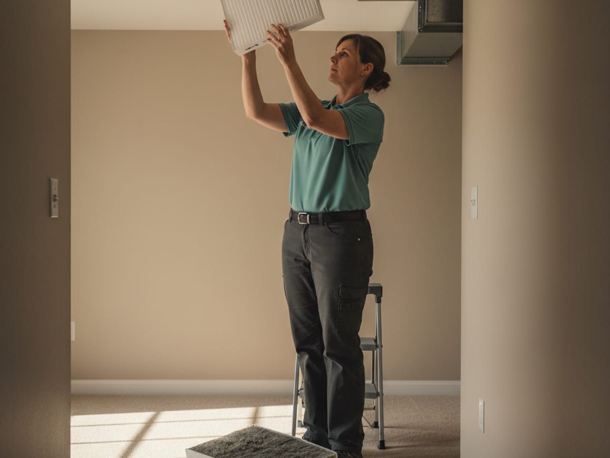 Homeowner inserting a new pleated air filter into a return-air grille in a hallway ceiling with the arrow visible on the filter edge