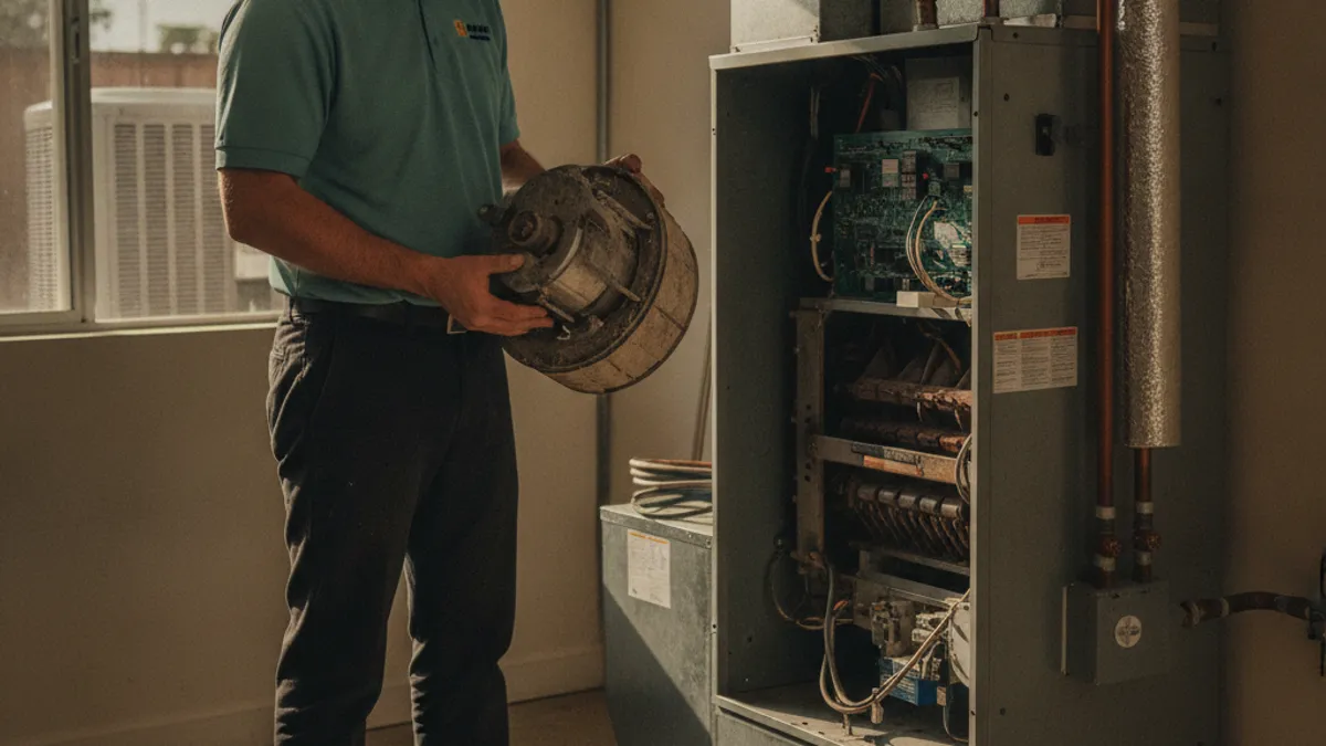 A technician holding a removed furnace blower motor and wheel assembly next to an open furnace cabinet