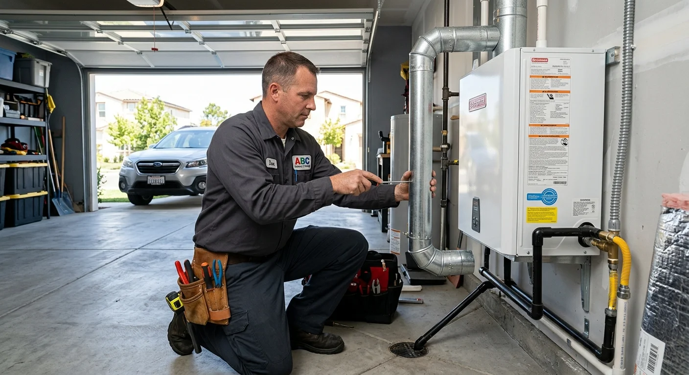A new gas furnace installed inside a modern Chula Vista garage