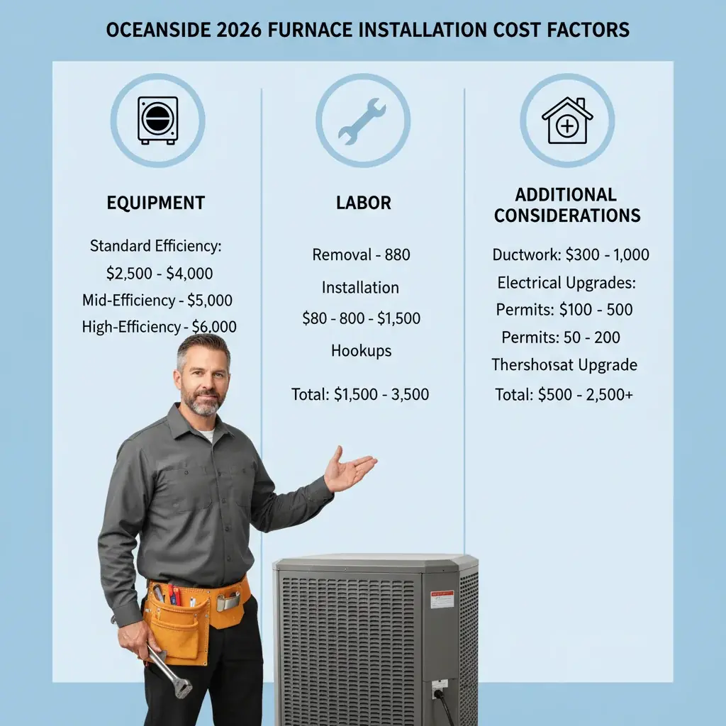 Infographic showing a breakdown of typical 2026 furnace installation cost factors in Oceanside, including equipment, labor, and additional considerations.