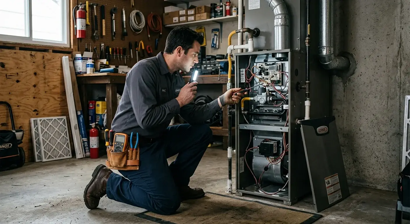 HVAC technician inspecting a residential gas furnace during a fall heating system check