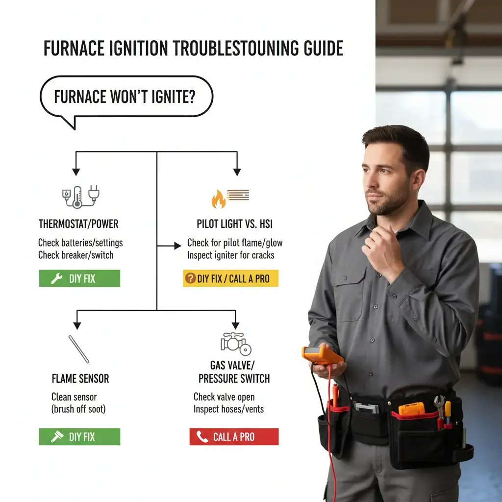 Infographic detailing common furnace ignition problems and solutions, showing components like the thermostat, pilot light, hot surface igniter, flame sensor, gas valve, and pressure switch.