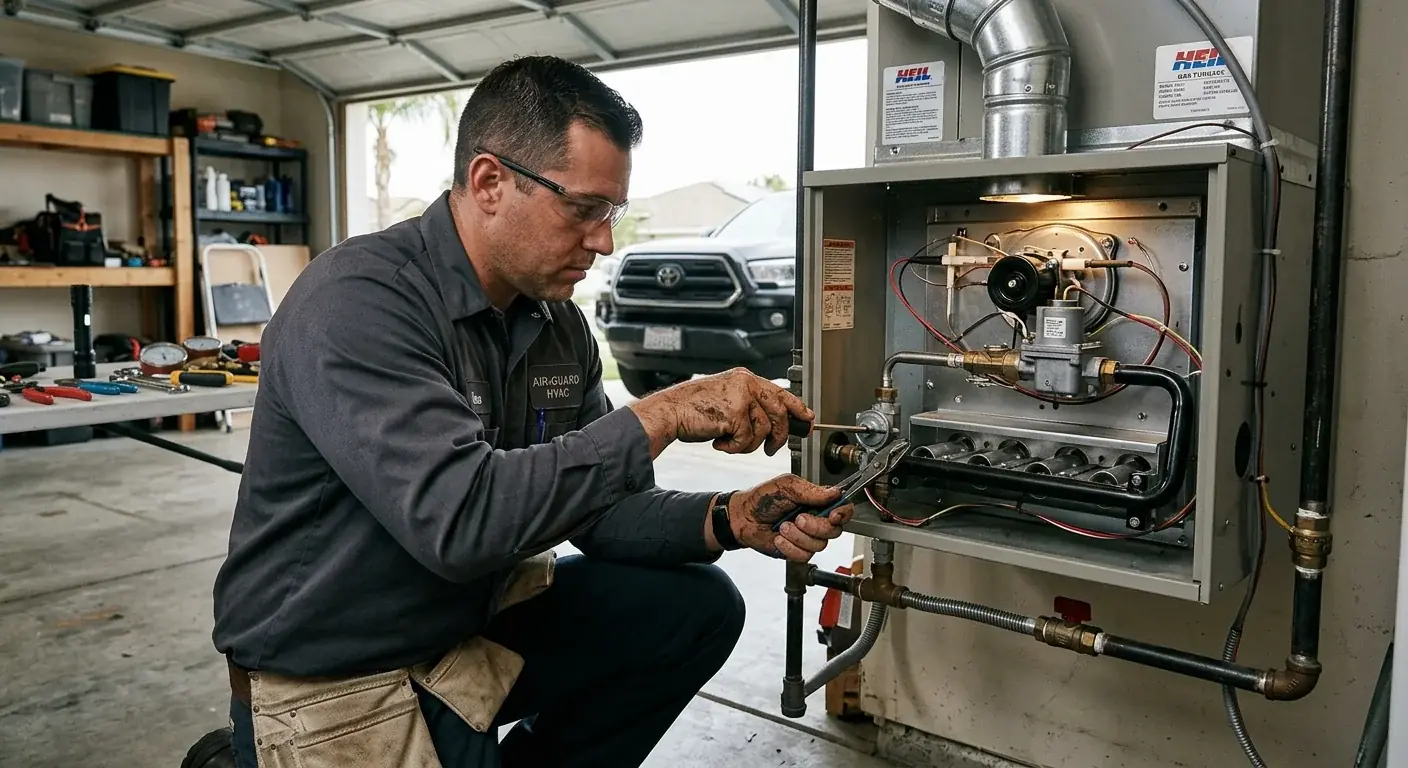 Technician's hands working on the burner assembly of a gas furnace inside a garage in a Chula Vista suburban home, focused and professional.